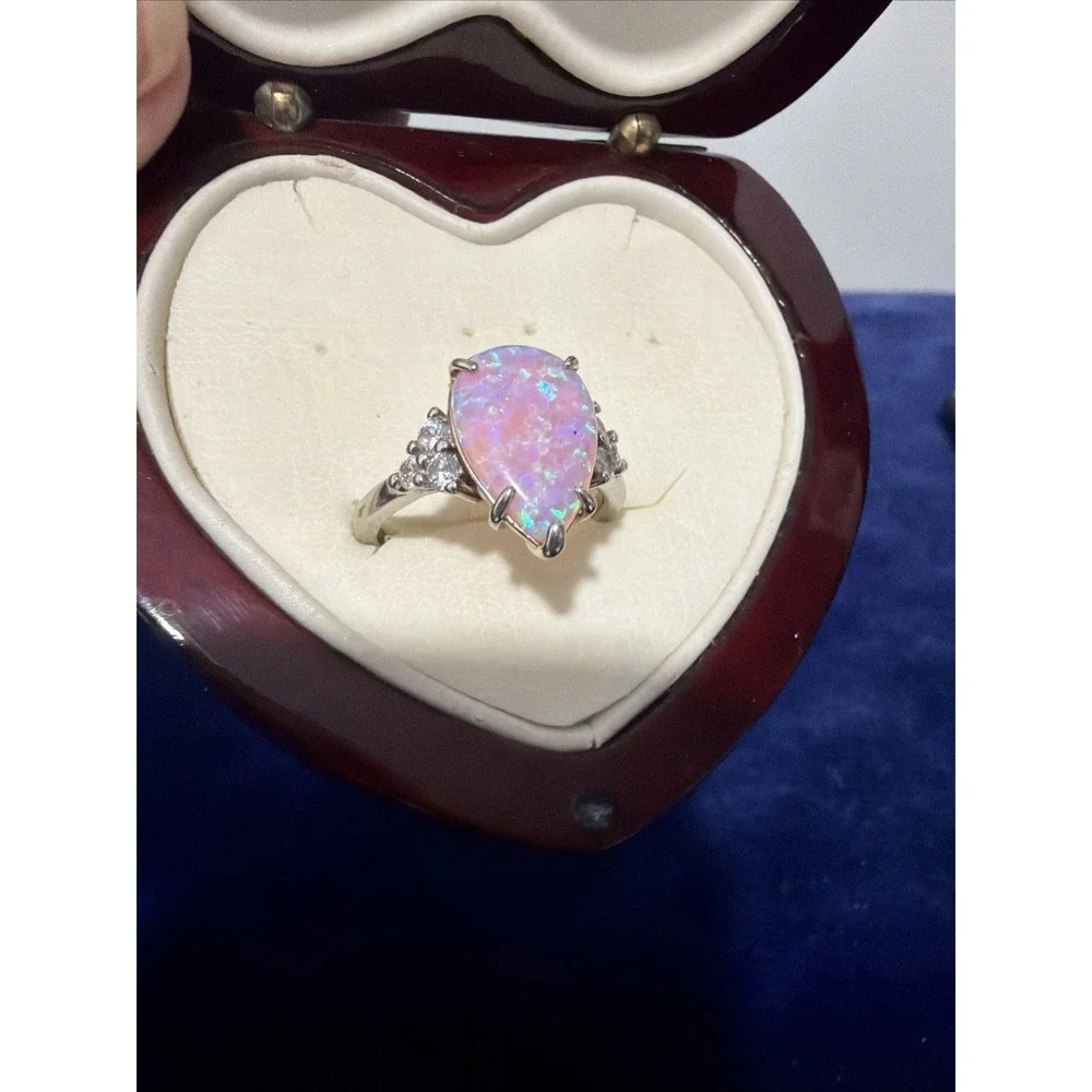 Bomb Party Ring (Size 8) Lab Created White Pink Opal Rhodium Plating